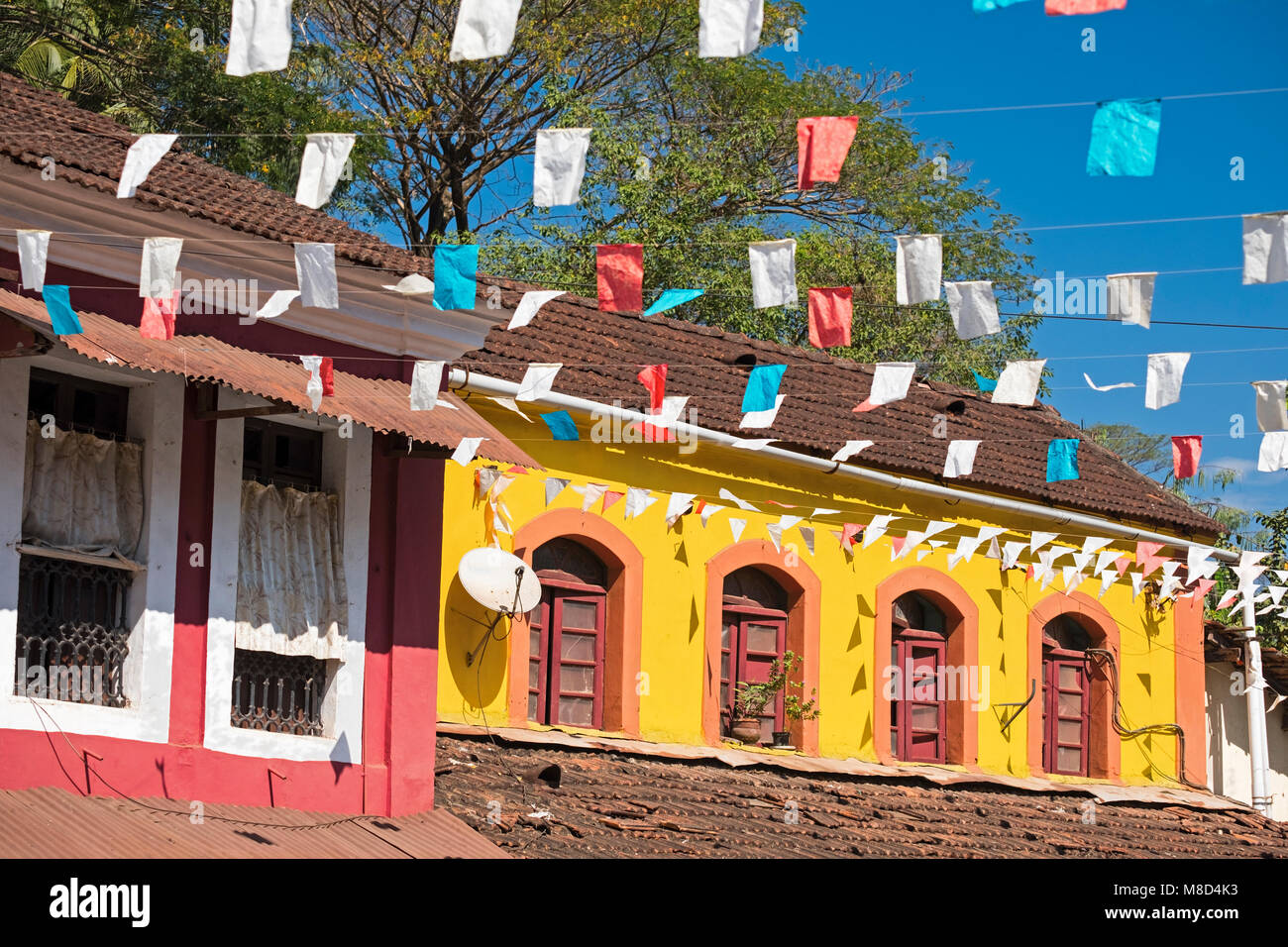 Colourful house and flags Fontainhas Mala Panjim Goa India Stock Photo