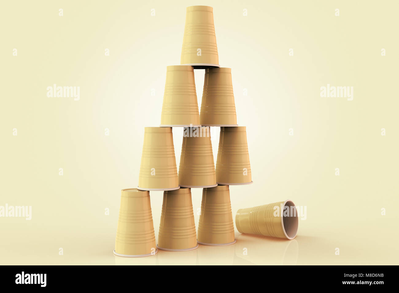 https://c8.alamy.com/comp/M8D6NB/3d-rendering-of-plastic-cups-stacked-in-a-pyramid-with-one-fallen-M8D6NB.jpg