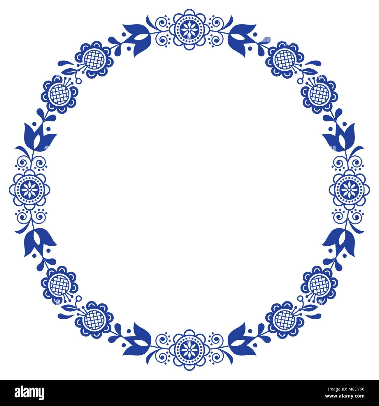 Scandinavian folk art floral werteth, vector ornamental round frame, design with flowers in circle, ethnic composition Stock Vector