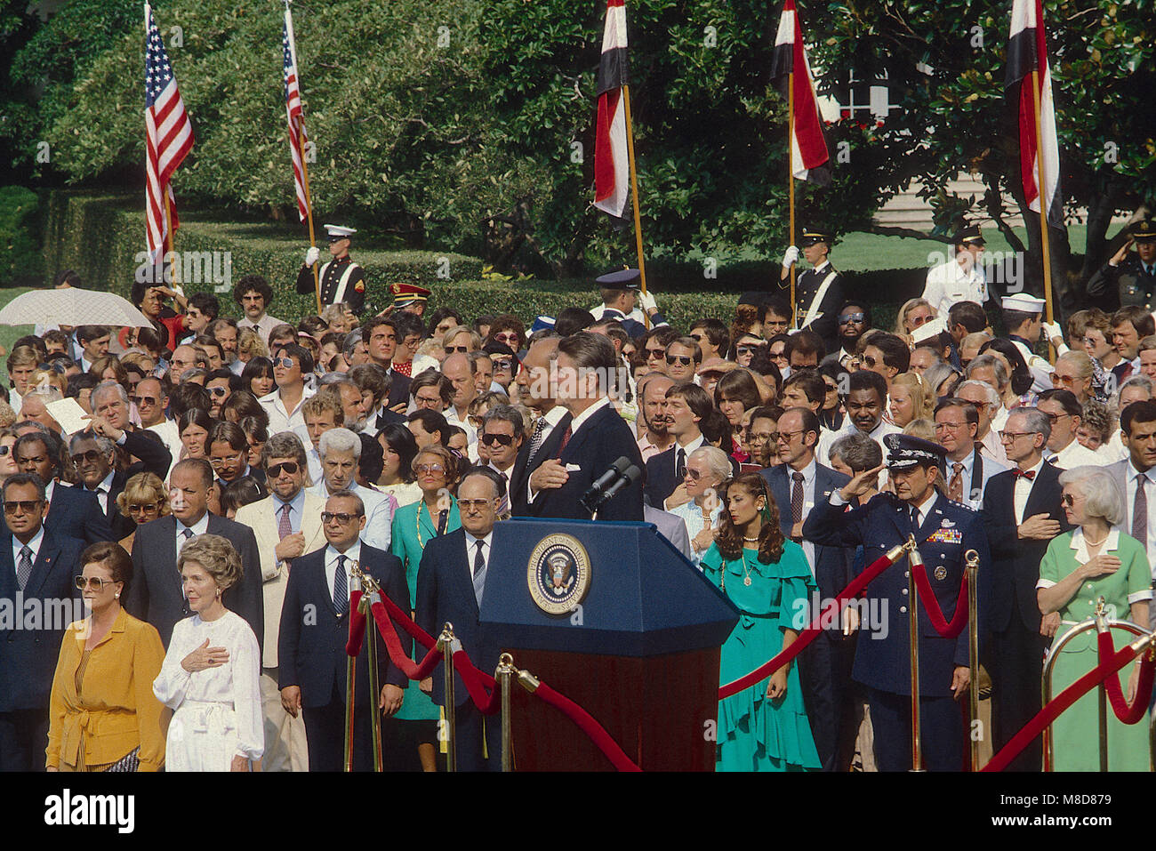 Washington, DC., USA, August 5, 1981  President Ronald Reagan and Egyptian President Anwar el-Sadat during the official welcoming ceremony on the South Lawn. Credit: Mark Reinstein/MediaPunch Stock Photo