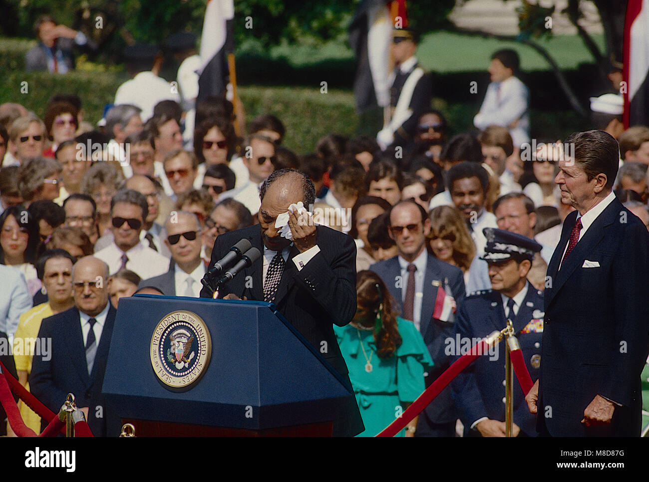 Washington, DC., USA, August 5, 1981  President Ronald Reagan and Egyptian President Anwar el-Sadat during the official welcoming ceremony on the South Lawn. Credit: Mark Reinstein/MediaPunch Stock Photo