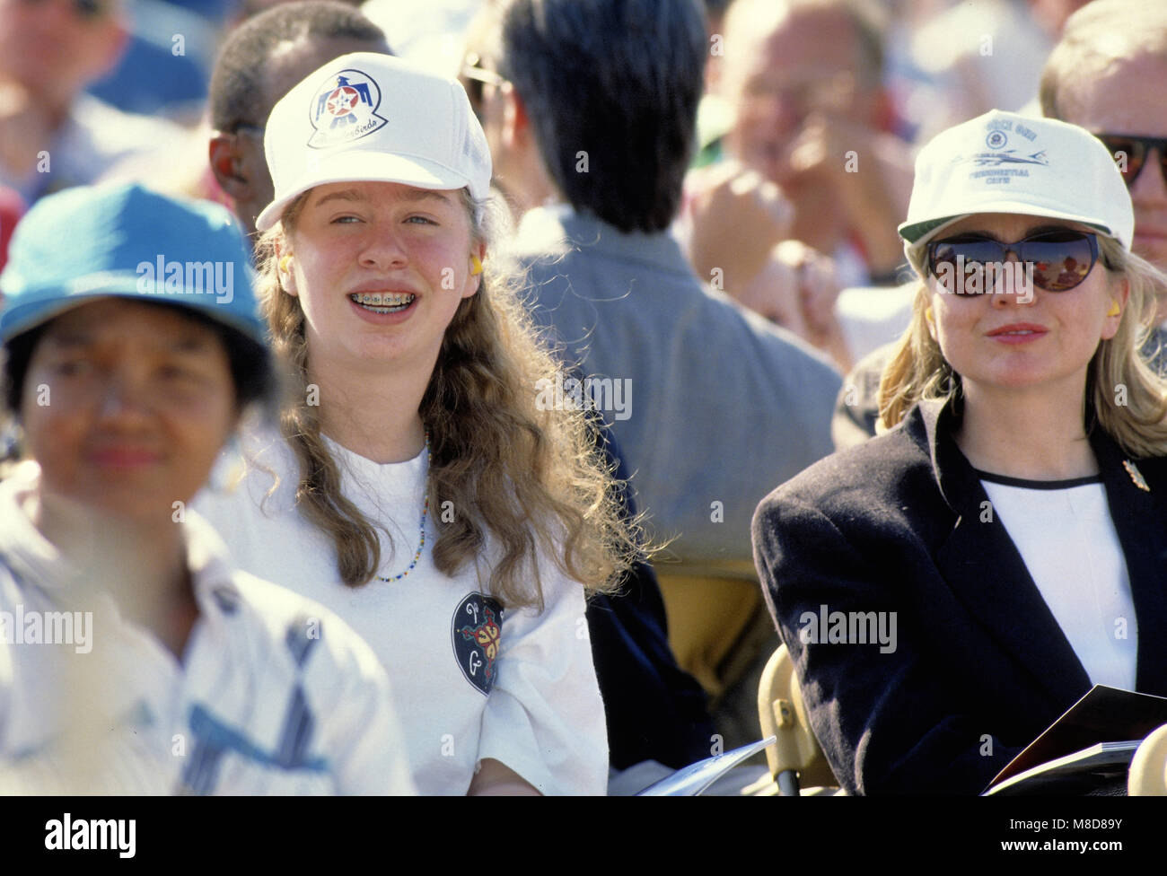 Camp Springs Maryland, USA, May, 1993 First Lady Hillary Rodham Clinton (R) with her daughter Chelsea Clinton at Joint Base Andrews watching the air show Credit: Mark Reinstein/MediaPunch Stock Photo