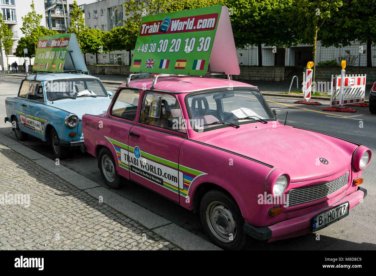 Classic Trabant cars for hire on April 19, 2017 in Berlin, Germany. Trabant is considered as one of the symbols of the former East Germany. Stock Photo