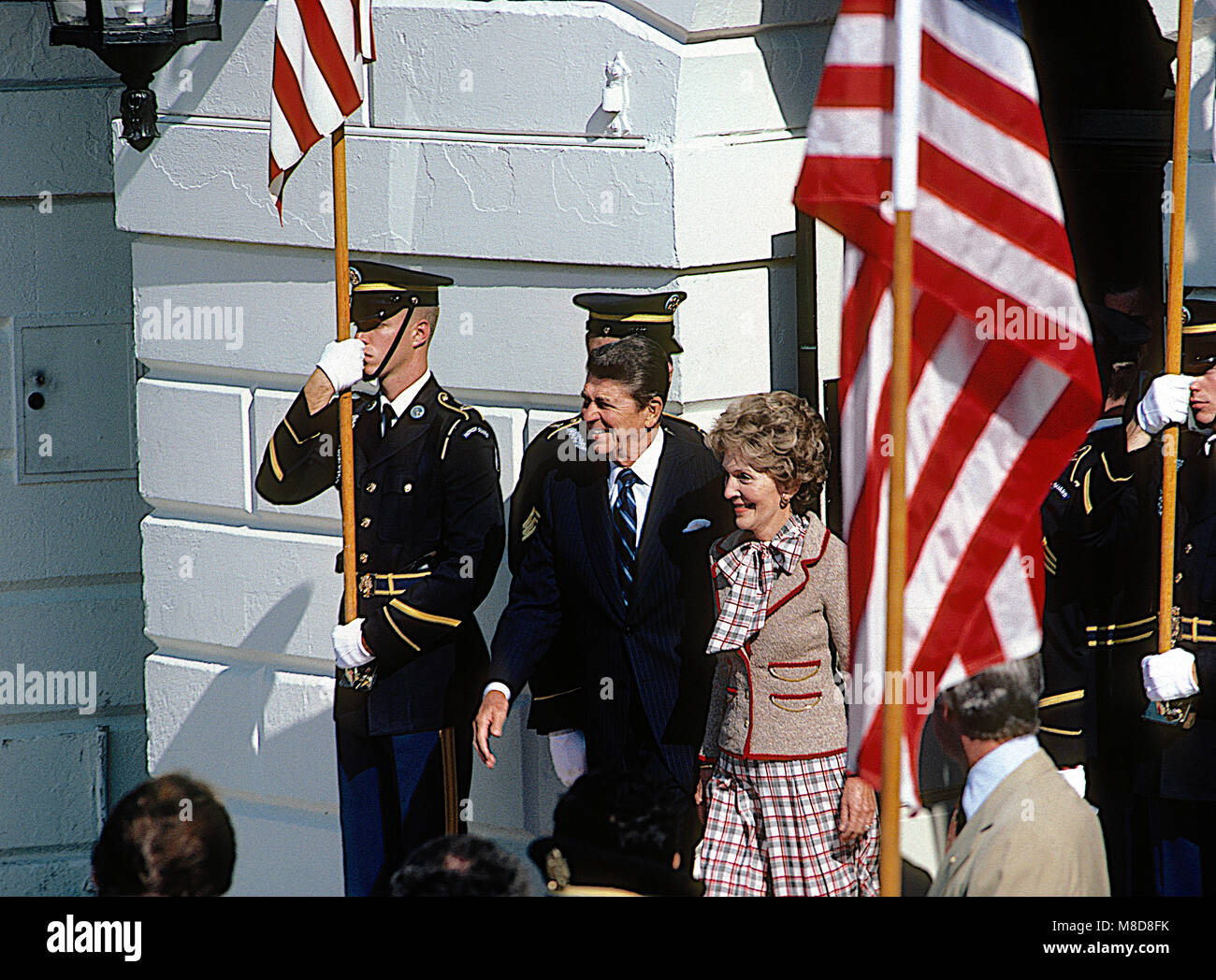 Washington, DC., USA, September 9, 1981  President Ronald Reagan and FIrst Lady Nancy Reagan await outside the South Portico diplomatic entance for Israeli Prime Minister Menanchem Begin's arrival for the start of the Offical State Visit. Credit: Mark Reinstein/MediaPunch Stock Photo