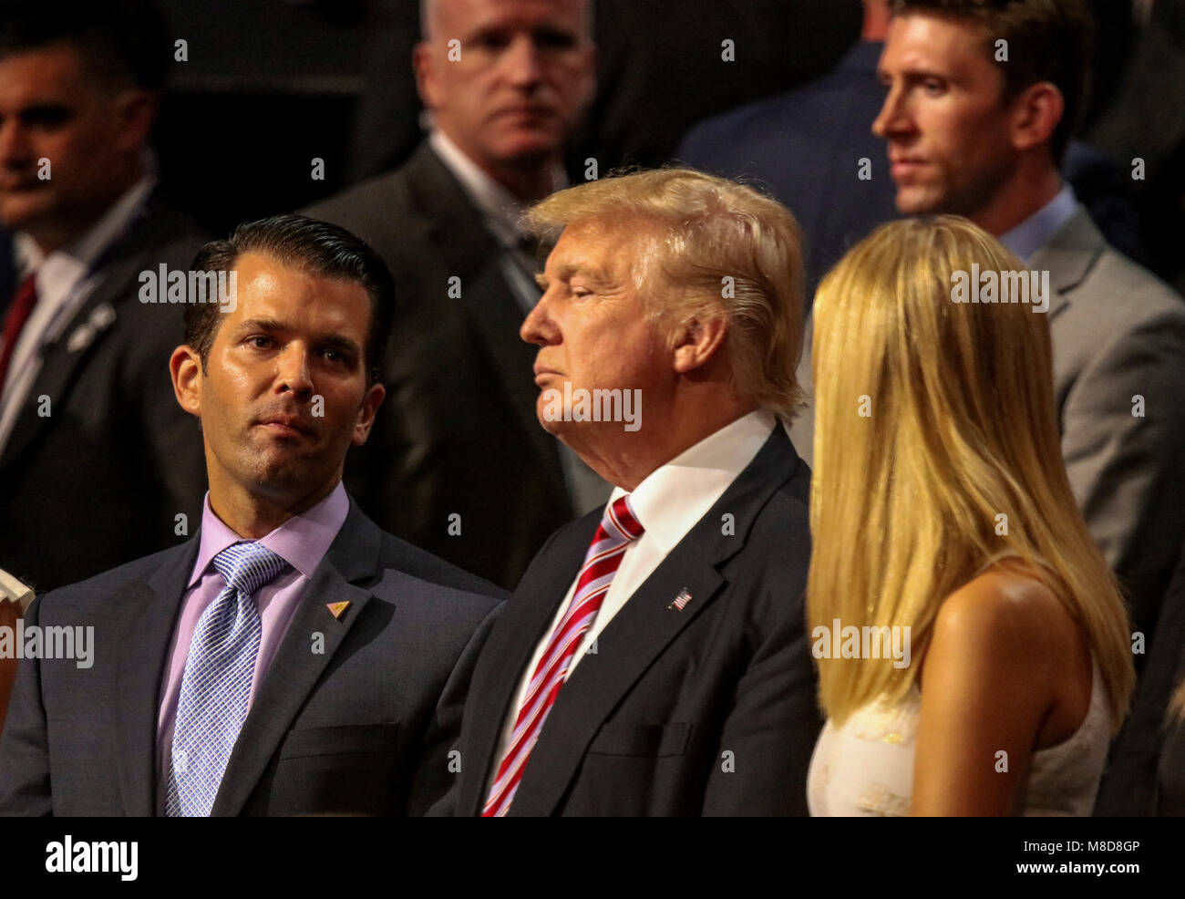 Cleveland, Ohio, USA, 20th July, 2016 Donald Trump Jr., Donald Trump and Ivanka Trump stand together during the Republican National Convention in the Quicken Arena. Credit: Mark Reinstein/MediaPunch Stock Photo