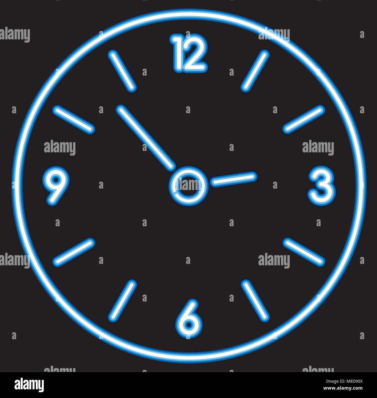 vector blue neon clock on black background. time concept. neon light Stock Vector