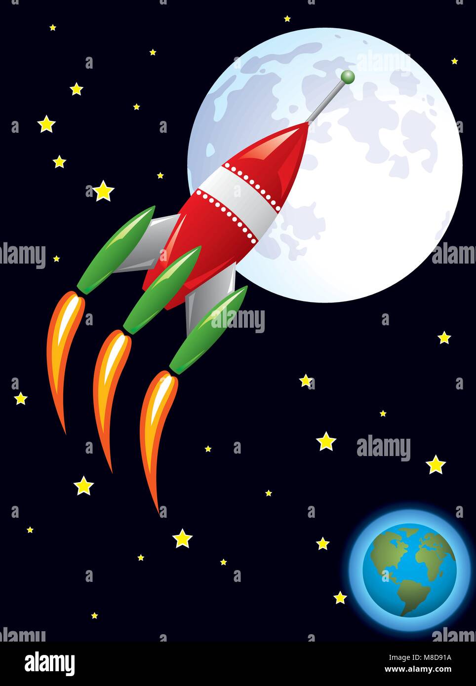 vector stylized retro rocket ship in space flying from earth to the moon Stock Vector