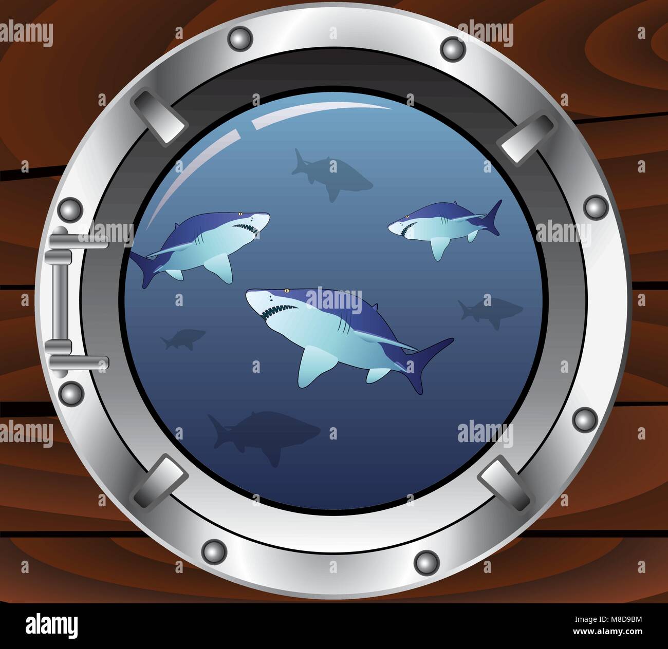 vector porthole and dangerous sharks Stock Vector