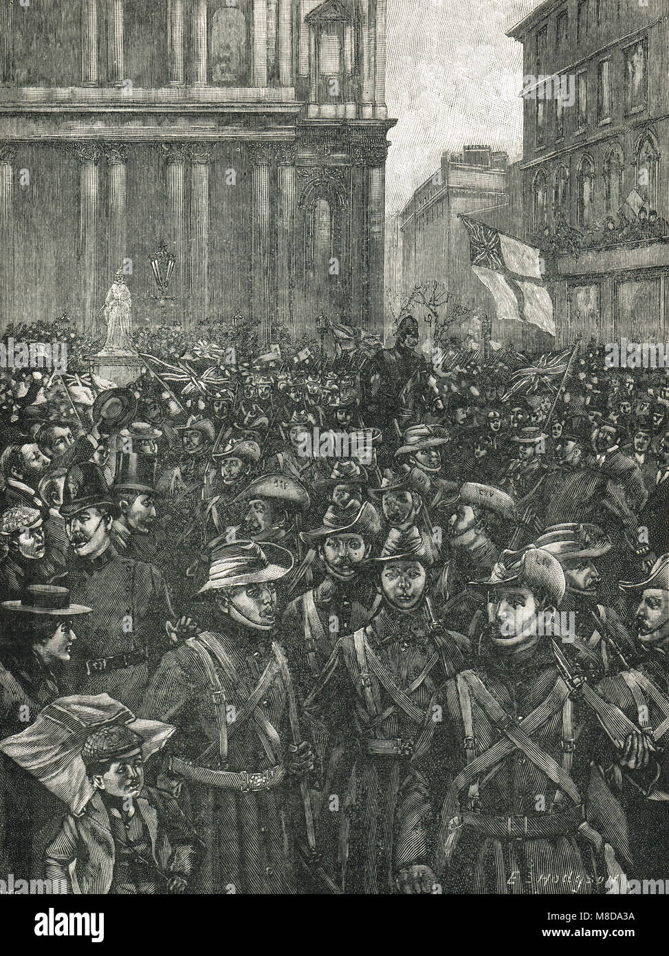 Departure of the City of London Imperial volunteers, Boer War, 1900, marching down Ludgate Hill, from mansion house to Waterloo Station, London, England Stock Photo