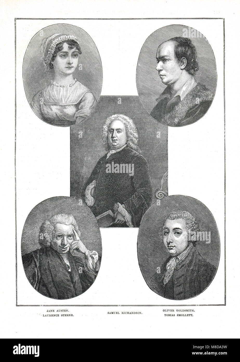 18th century novelists, Jane Austen, Tobias Smollett, Laurence Sterne, Oliver Goldsmith, Samuel Richardson Stock Photo