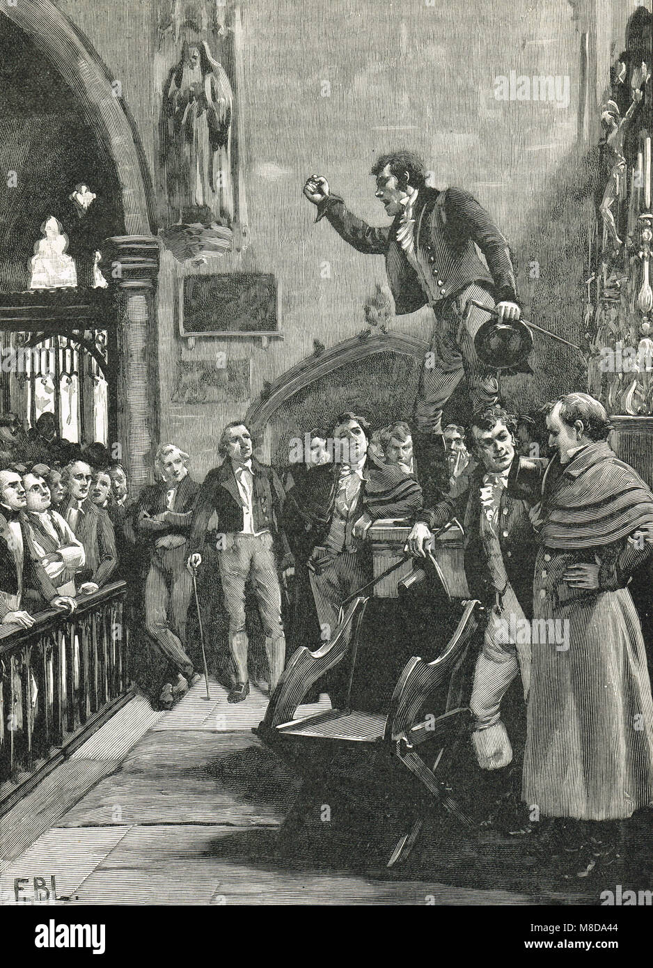 An Election meeting in Ireland during the general election of 1826. Daniel O'Connell used the election as a rallying call for Catholic Emancipation  as part of his campaign to repeal of the Act of Union. Stock Photo