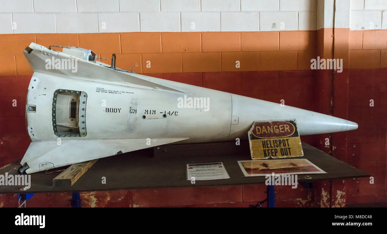 Everglades, Florida - Feb 27, 2018: A Nike Hercules Missile Head is on display at Nike Missile Site HM-69 inside Everglades National Park, Florida. Stock Photo