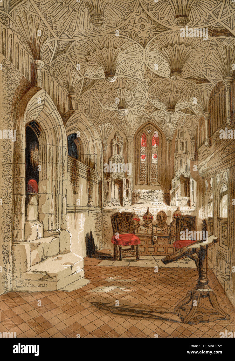 The Chantry Capel, Collegiate Church of St Mary, Warwick, England.  This chapel adjoins the Beauchamp Chapel where the effigial monument of Robert Dudley, 1st Earl of Leicester can be found.  From Old England: A Pictorial Museum, published 1847. Stock Photo