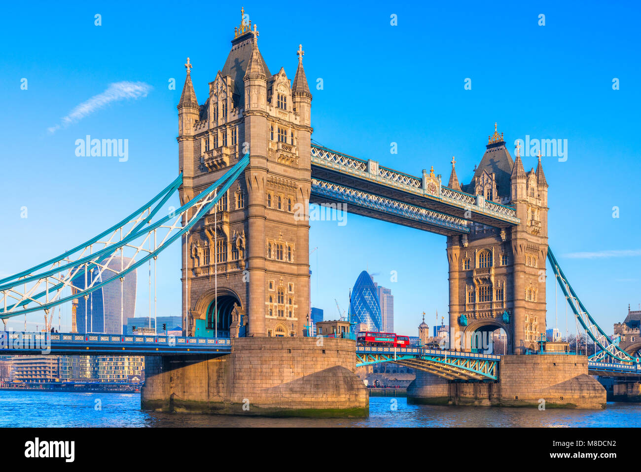 Tower Bridge and the Gherkinn skyscraper, Thames river, London, UK Stock Photo