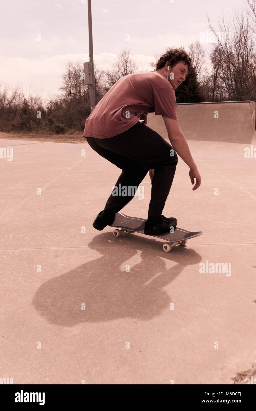 Tulsa, Oklahoma, March 2018, A unknown young man Skate Boarding at a local park in Tulsa, Oklahoma 2018 Stock Photo