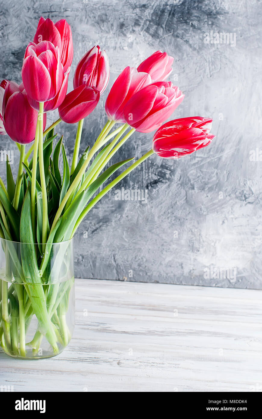 A bouquet of pink tulips on a white table, Copy space.Holiday concept ...