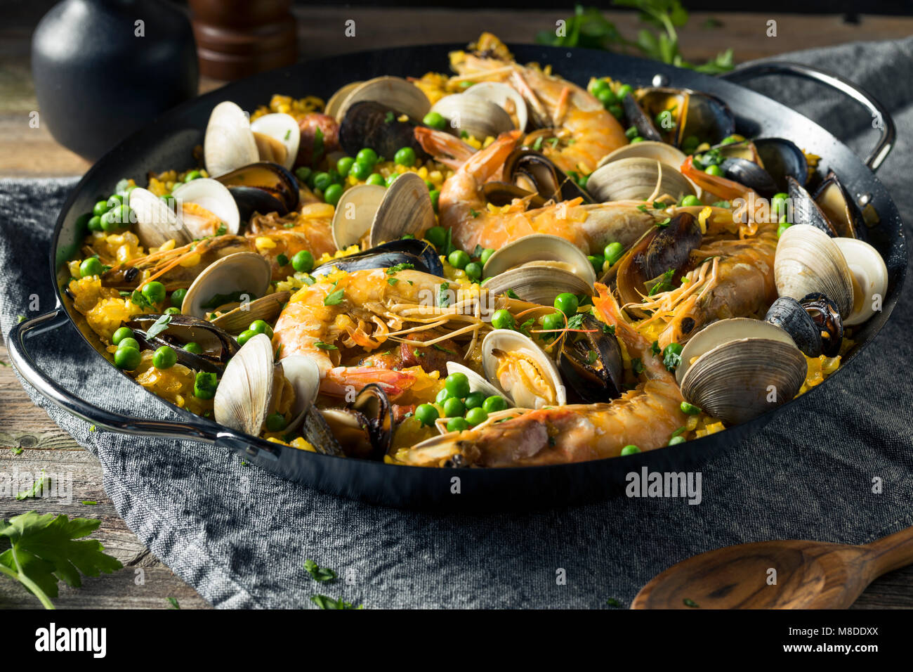 Homemade Spanish Seafood Paella with Prawns Mussels and Clams Stock Photo