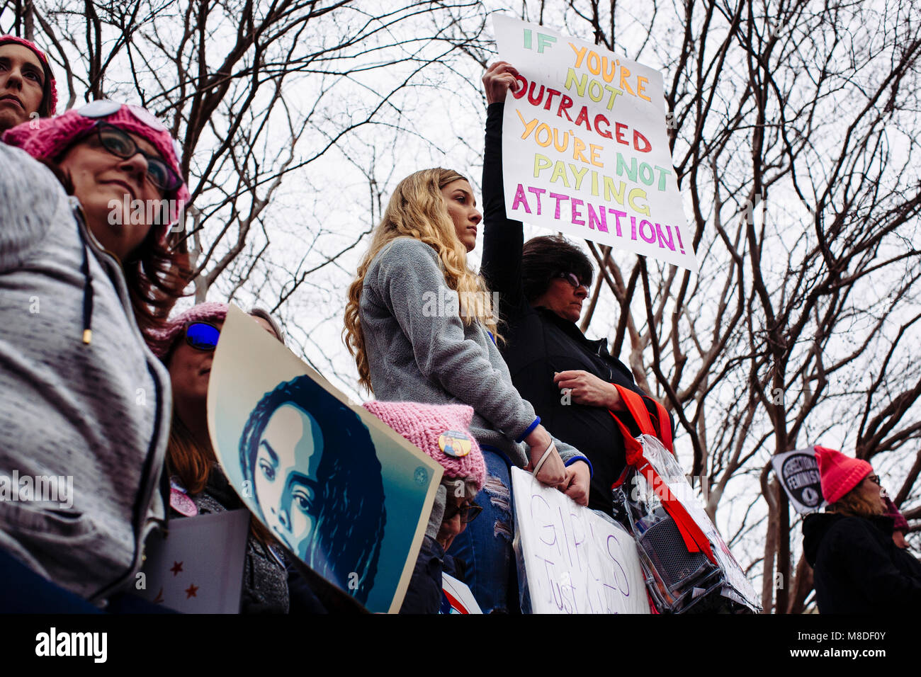 Protestors wait for the start of the opening speeches during the Women’s March on Washington D.C., January 21, 2017 Stock Photo