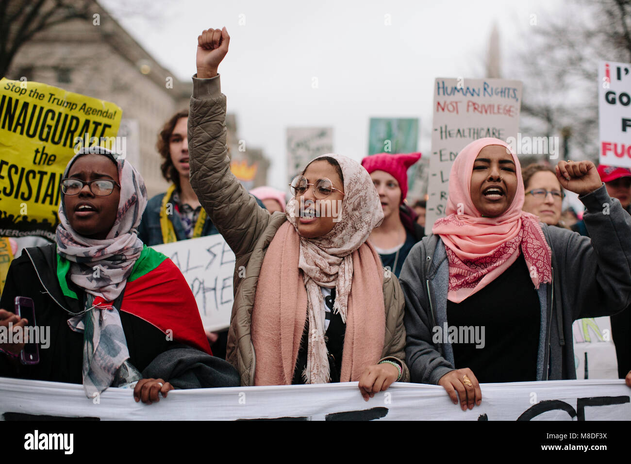 Protestors march in the Women’s March on Washington D.C., January 21, 2017 Stock Photo