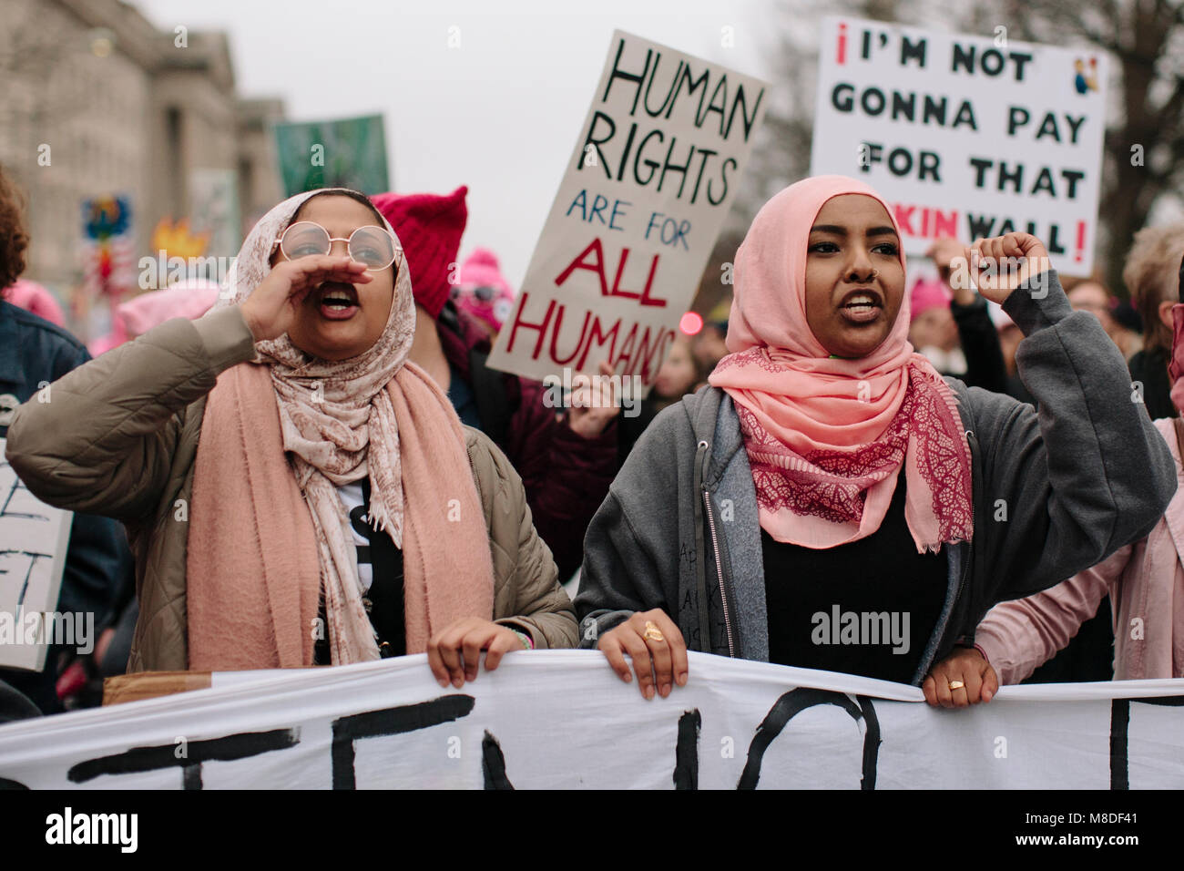 Protestors march in the Women’s March on Washington D.C., January 21, 2017 Stock Photo