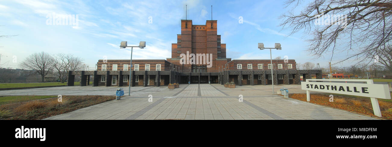 City hall in Rotehornpark in Magdeburg, built in 1927, listed as monument. Stadthalle means city hall. Stock Photo