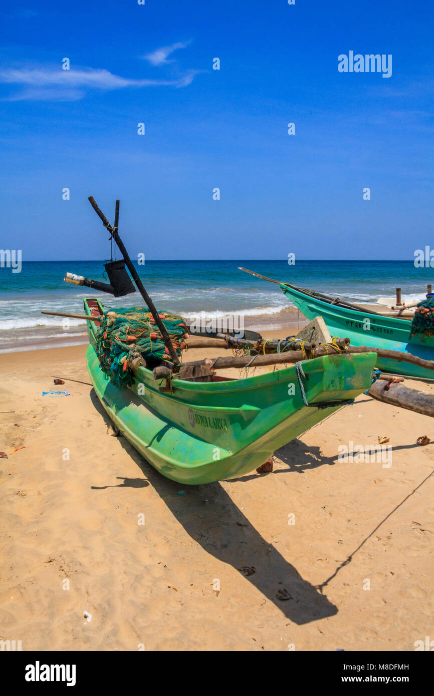 Traditional, Sri Lankan fishing boat, beach, COlombo, Sri Lanka Stock Photo