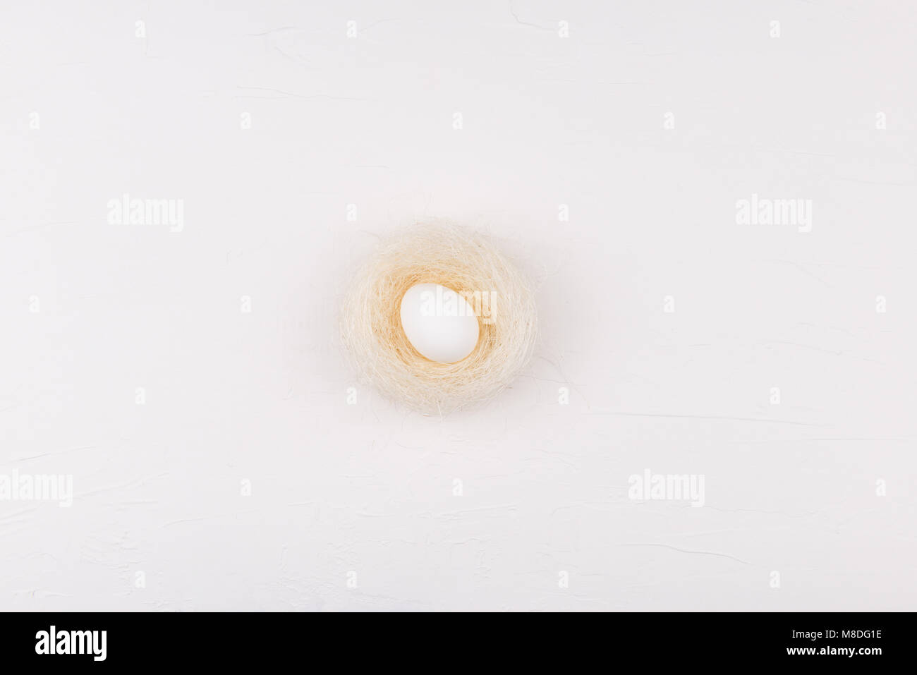 White chicken egg in nest isolated on white background. Flat lay, top ...