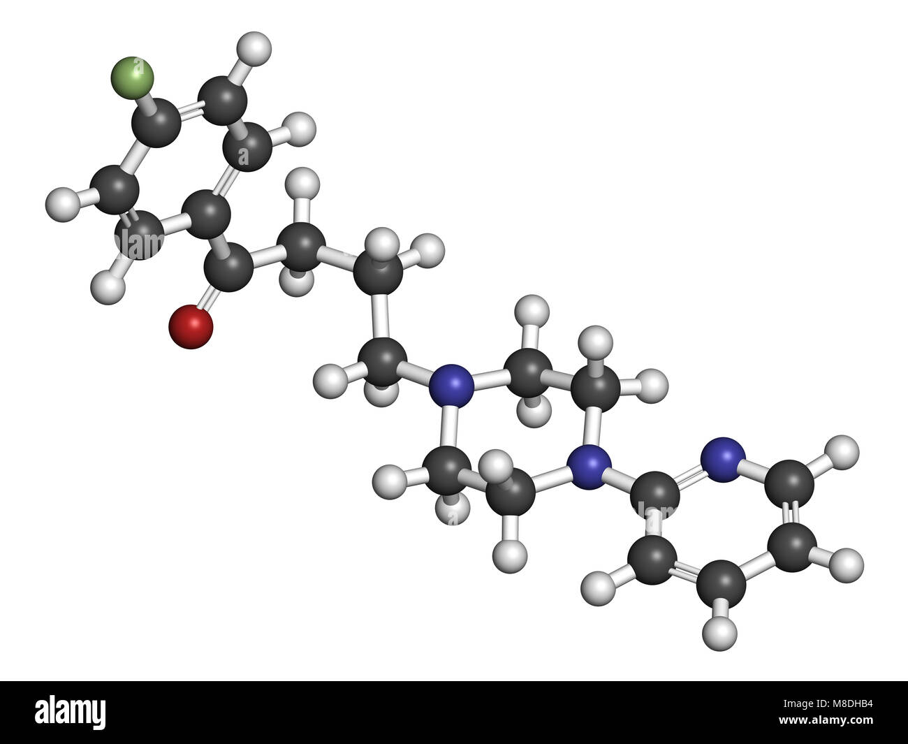 Azaperone antipsychotic drug molecule. 3D rendering. Atoms are