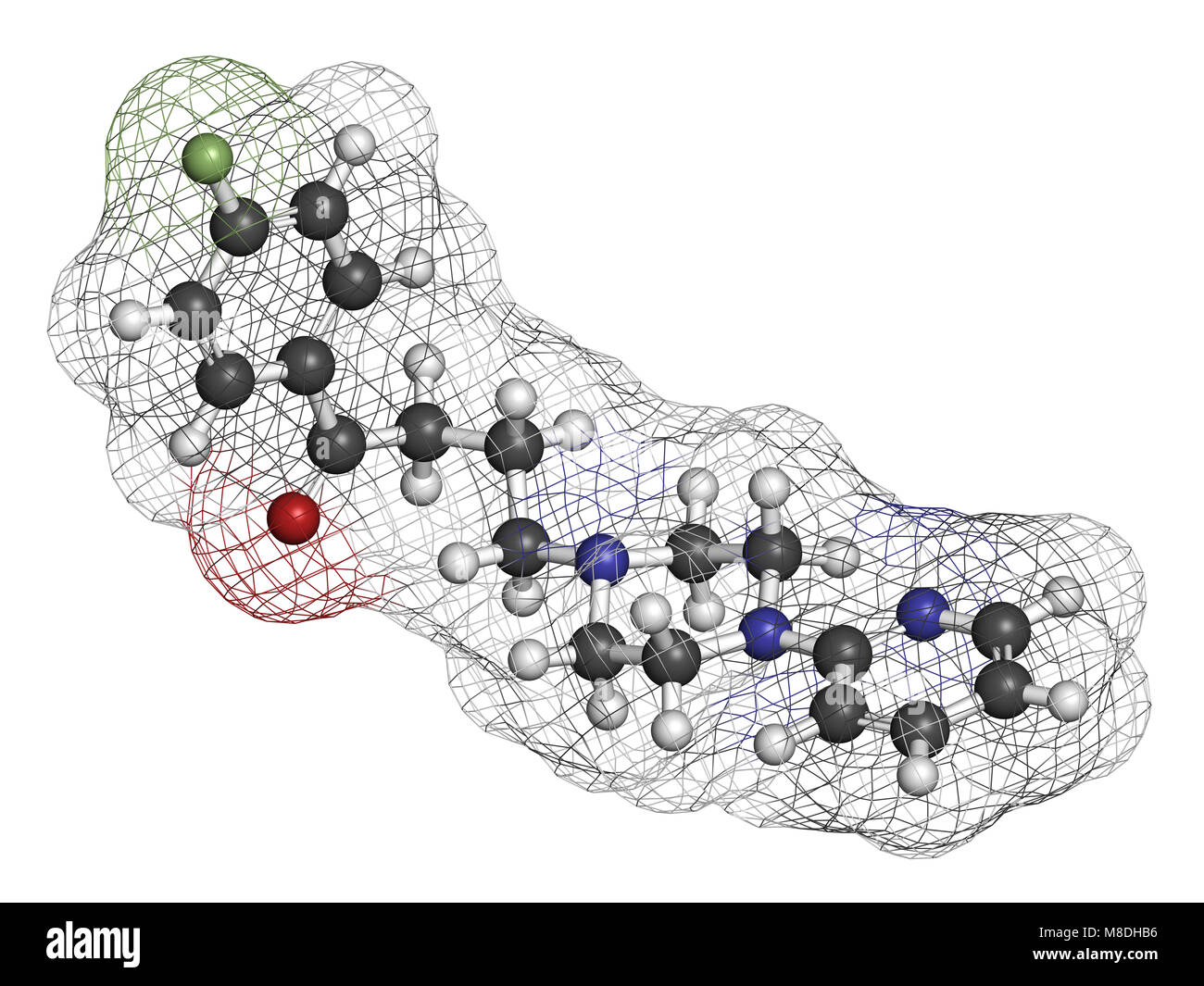 Azaperone antipsychotic drug molecule. 3D rendering. Atoms are