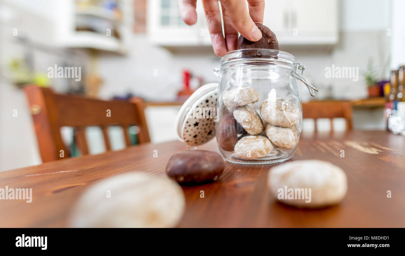 Cookie jar in glass in the kitchen Stock Photo