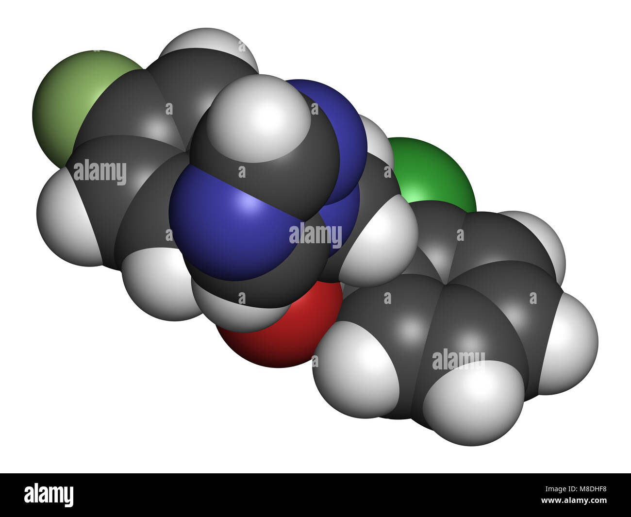 Epoxiconazole pesticide molecule. 3D rendering. Atoms are represented as spheres with conventional color coding: hydrogen (white), carbon (grey), oxyg Stock Photo
