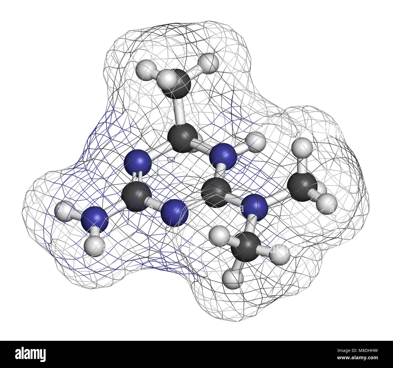 Imeglimin diabetes drug molecule. 3D rendering. Atoms are represented ...