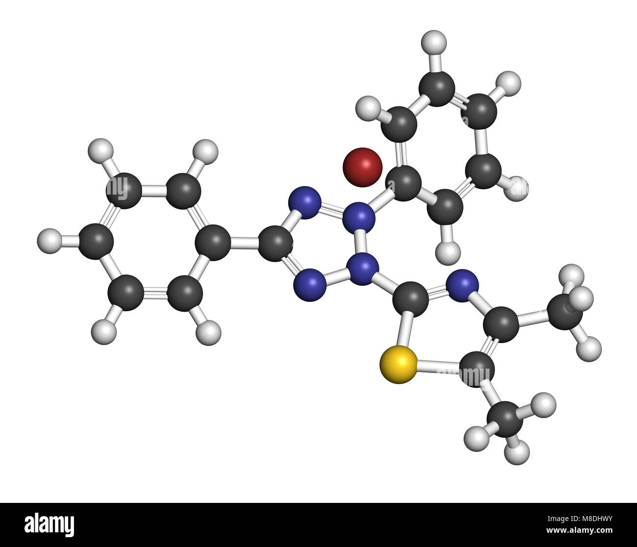 MTT yellow tetrazole dye molecule. Used in MTT assay, used to measure cytotoxicity and cell metabolic activity.  3D rendering. Atoms are represented a Stock Photo