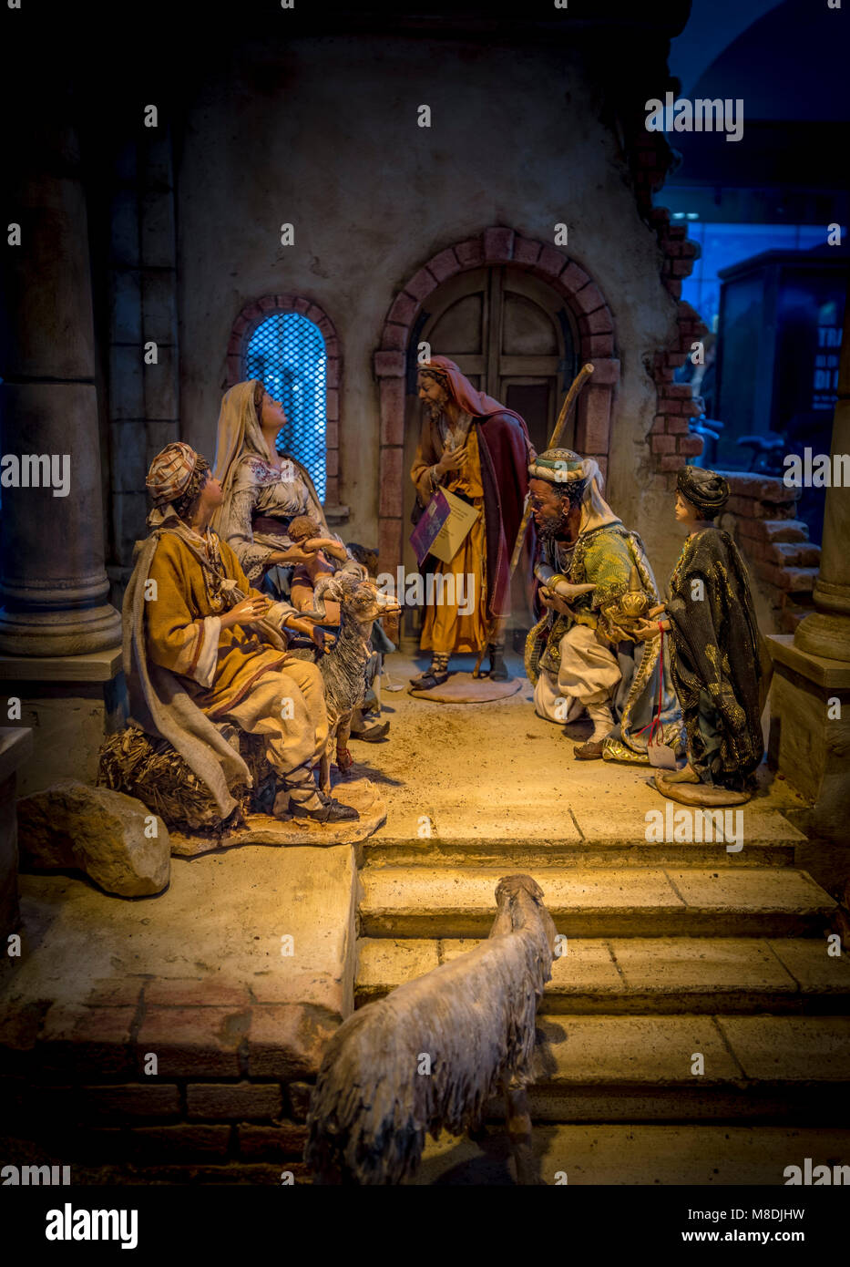 Illuminated Christmas crib in Bolzano, South Tyrol, Italy, Europe Stock Photo