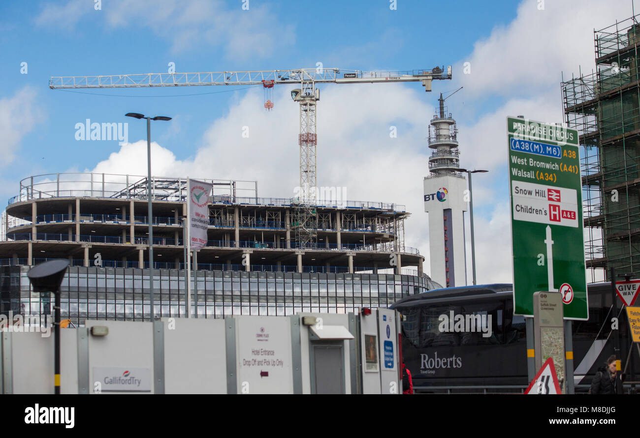 Cranes on the skyline as new multi story buildings are constructed in and around Birmingham City Centre, West Midlands, UK. Stock Photo