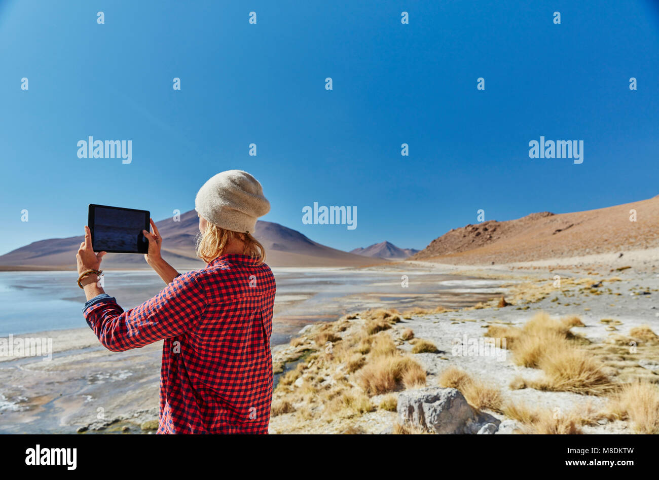 Woman photographing landscape, using digital tablet, Salar de Chalviri, Chalviri, Oruro, Bolivia, South America Stock Photo