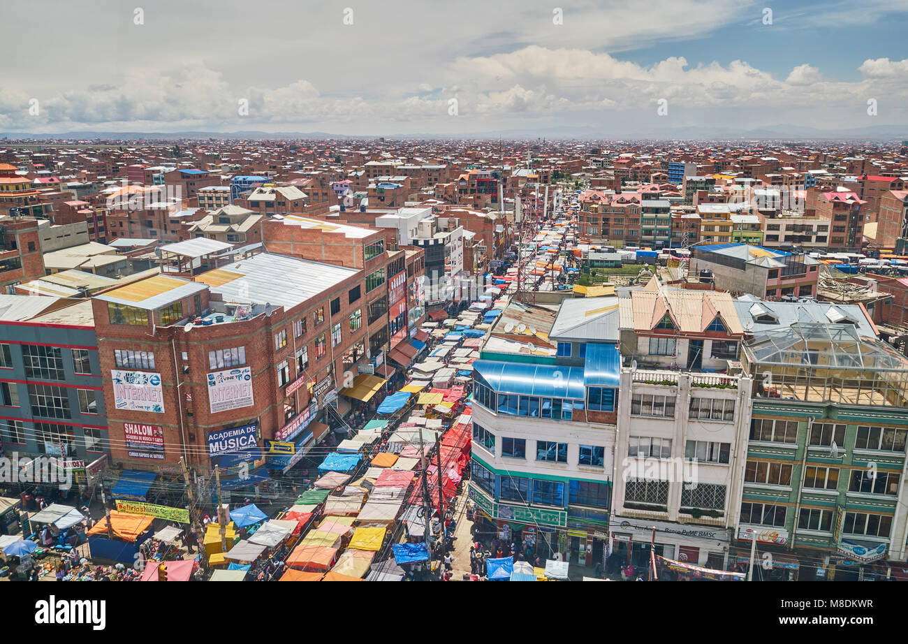 Elevated view of city streets, El Alto, La Paz, Bolivia, South America Stock Photo