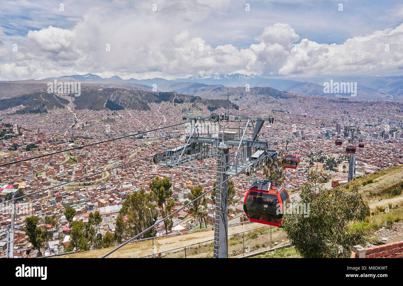 Elevated view of city with cable cars in foreground, La Paz, Bolivia, South America Stock Photo