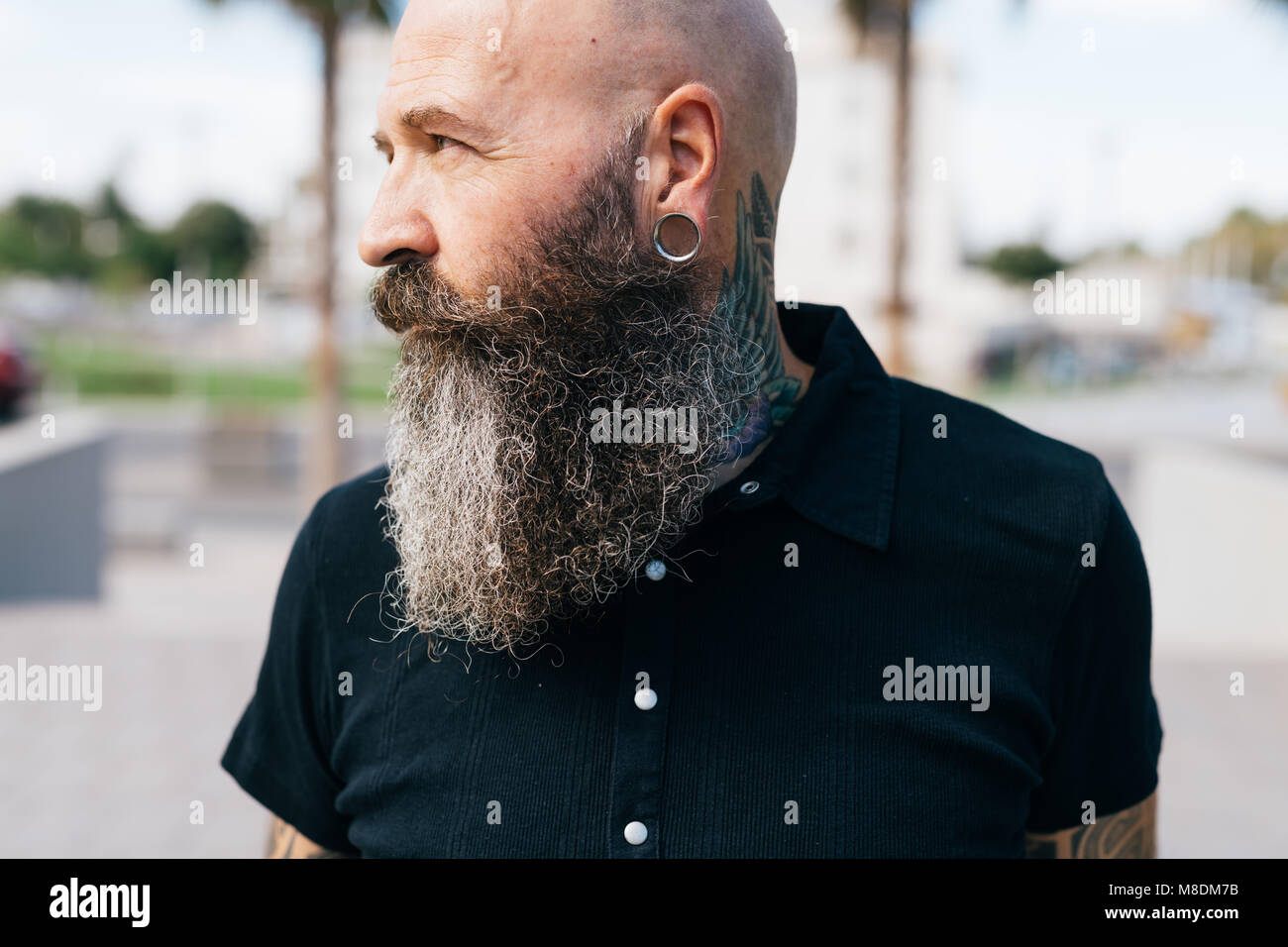 Portrait of mature male hipster with grey beard and earring plug, head and shoulders Stock Photo
