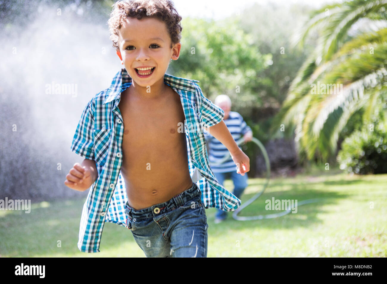 Boy running away from grandfather spraying hosepipe in garden Stock Photo