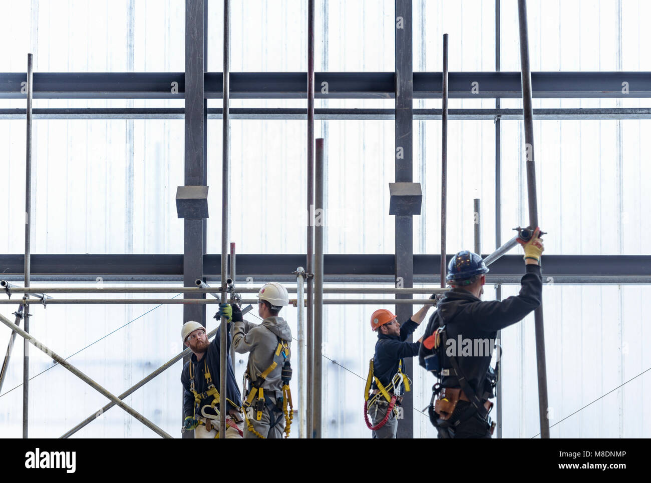 Apprentice engineers preparing and setting up scaffolding Stock Photo
