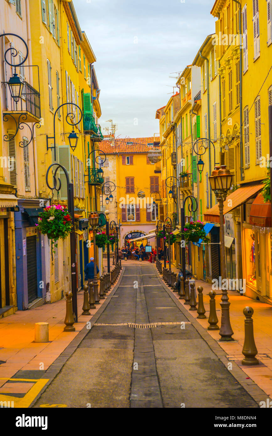 Narrow Street in Old Town with Street Lamps in Menton in Provence-Alpes