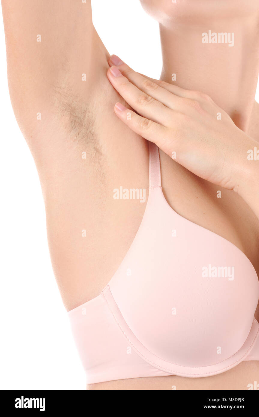 Female unshaved armpits. Woman with hairy armpits. Girl with long hair underarm Stock Photo