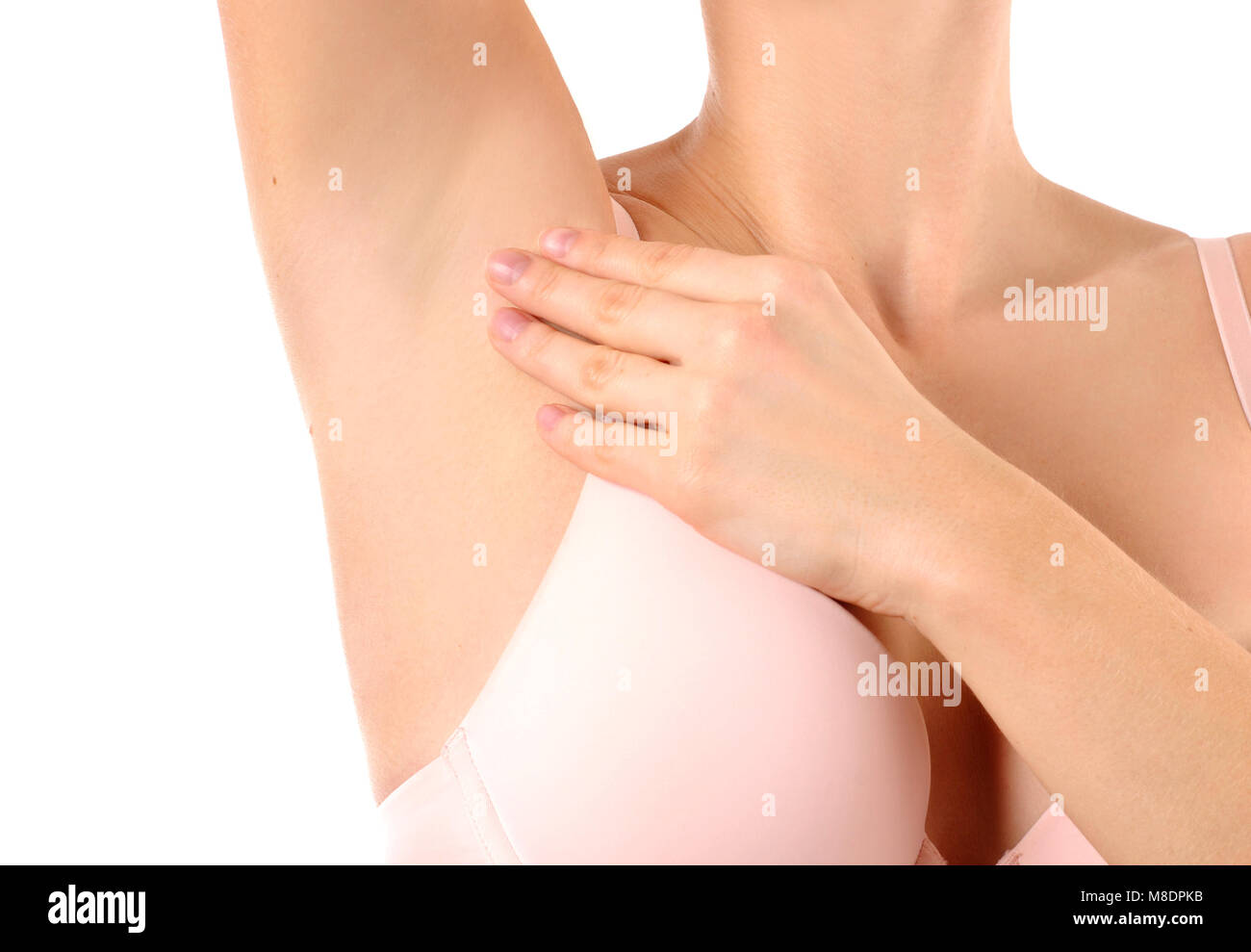 Depilation armpit, hair removing. Woman holding her arms up and showing clean  underarms Stock Photo - Alamy