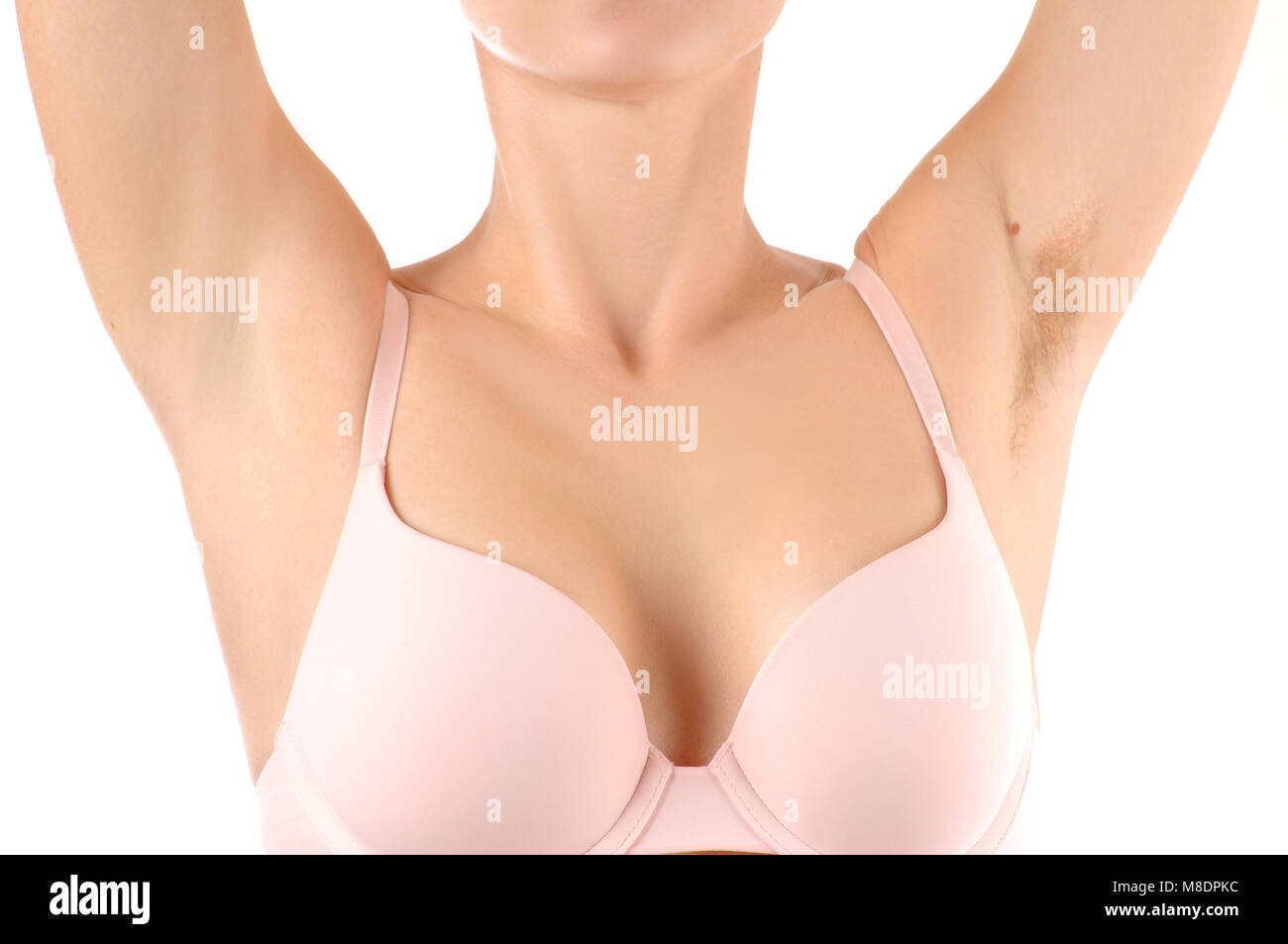 Female armpits before and after shaving. Woman with hairy armpit and clean armpit Stock Photo