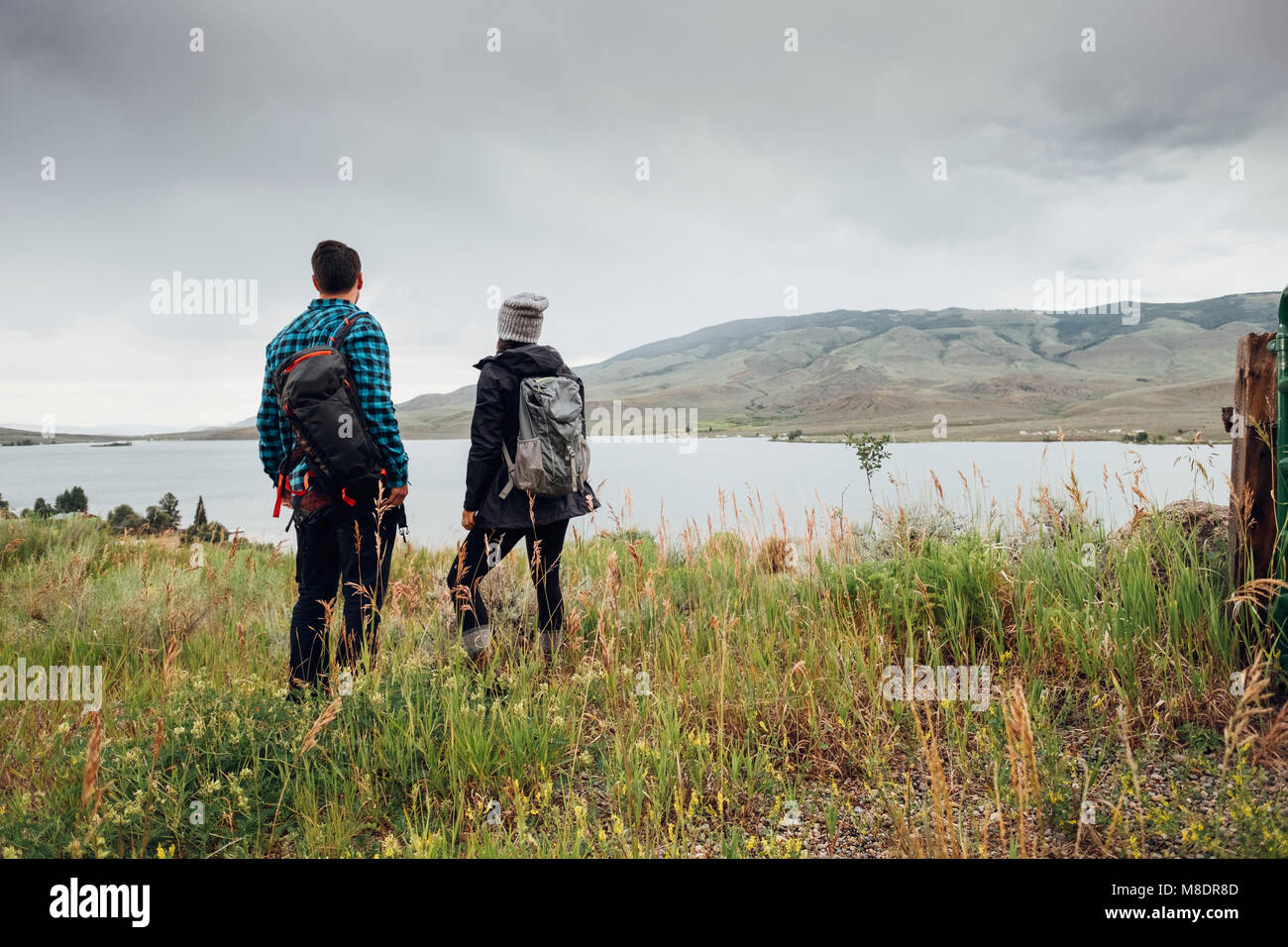 Couple near Dillon Reservoir, looking at view, Silverthorne, Colorado, USA Stock Photo