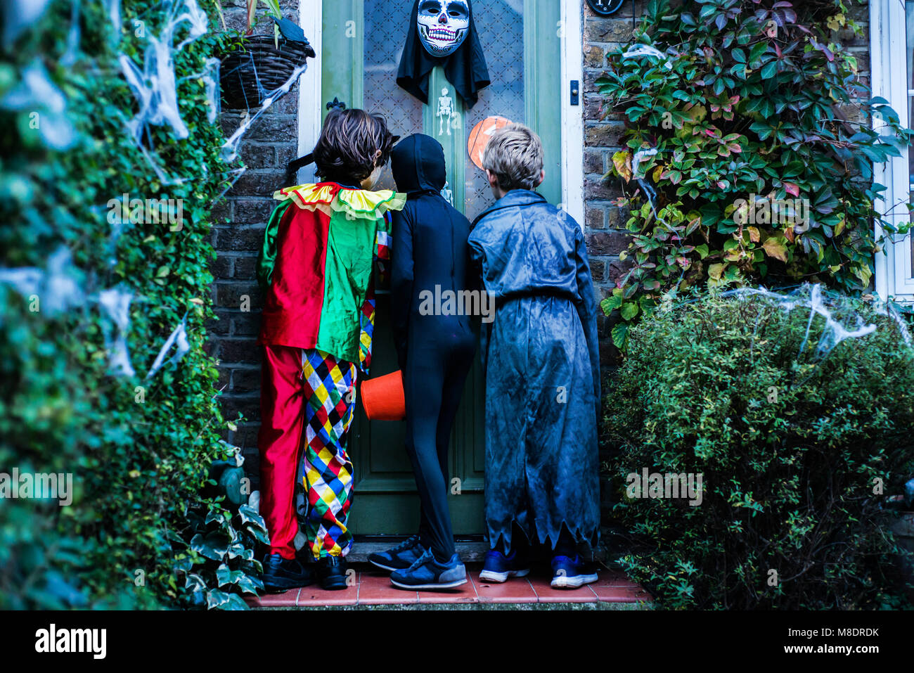Three boy in halloween costumes, standing at door, trick or treating, rear view Stock Photo