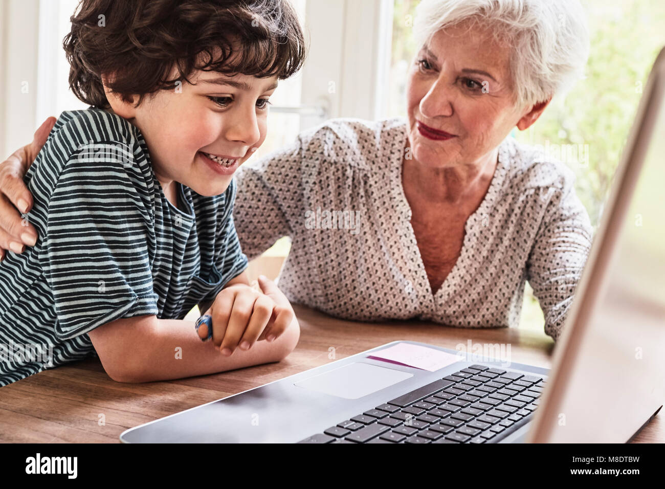Grandmother and grandson sitting at table, using laptop Stock Photo