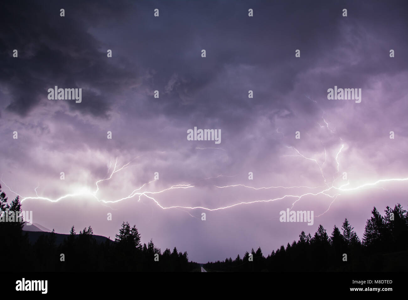Lightning in sky over Canadian Rocky Mountains, Kootenay Region, Fernie, British Columbia, Canada Stock Photo