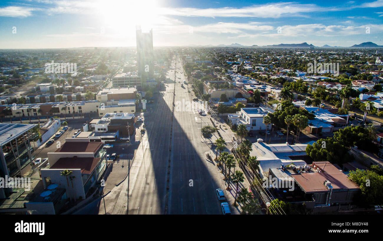 Aerial views of Kino Boulevard and houses of Colonia Pitic, in